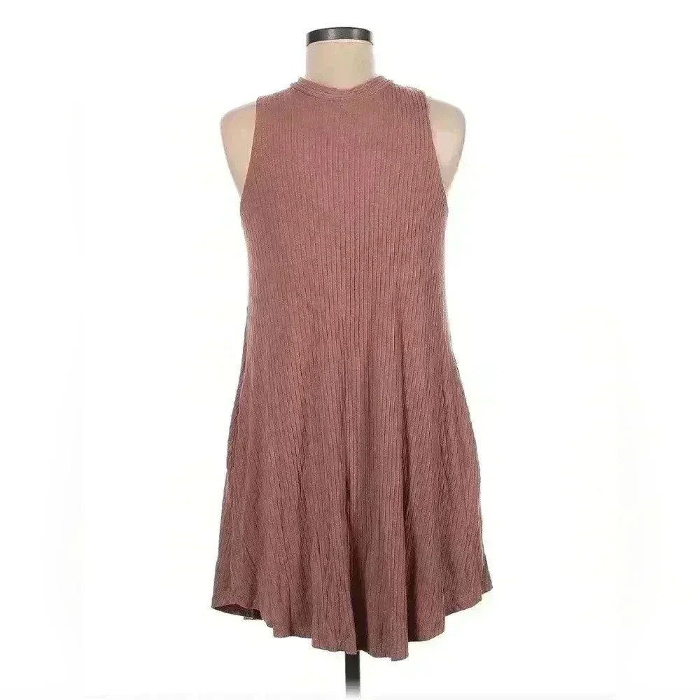 Mauve Sleeveless Tieback Lined Ribbed Midi Dress Size 8 - Picture 2 of 6